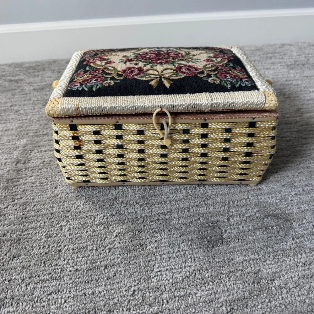 Vintage Wicker Sewing Basket Floral Tapestry Padded Lid Woven Craft Box Gold